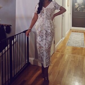 SUNFERE Elegant White Lace Midi Dress
